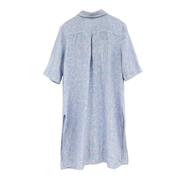 Chico’s Sz 1 Heather Blue Linen Long Line Button Front Side Slit Tunic Shirt - Picture 12 of 16